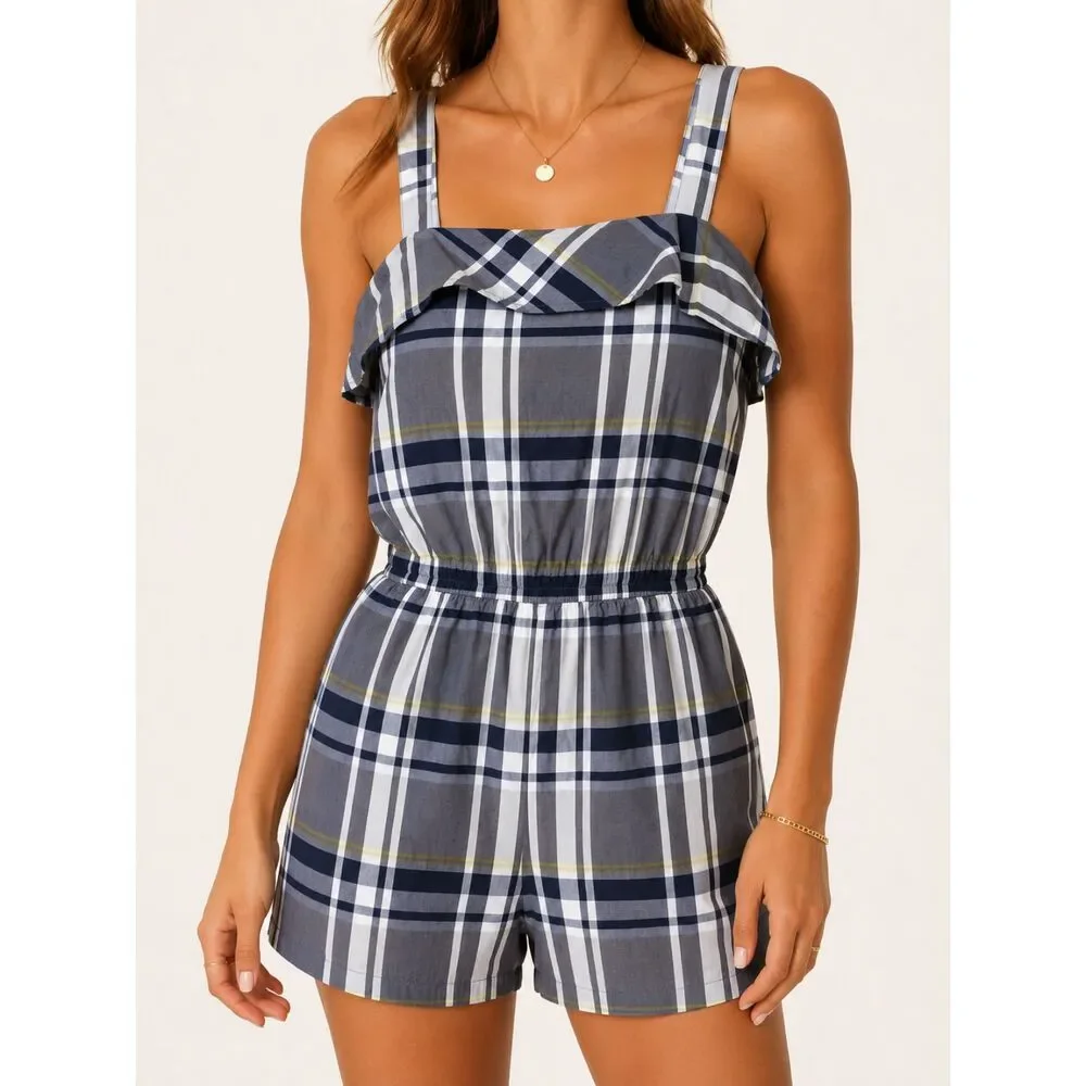 Banana Republic Plaid Cold Shoulder Romper Large Gray Ruffle Preppy Cottagecore